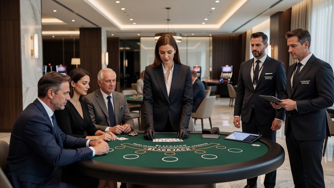 Live dealer at a Swiss casino blackjack table demonstrating procedural compliance