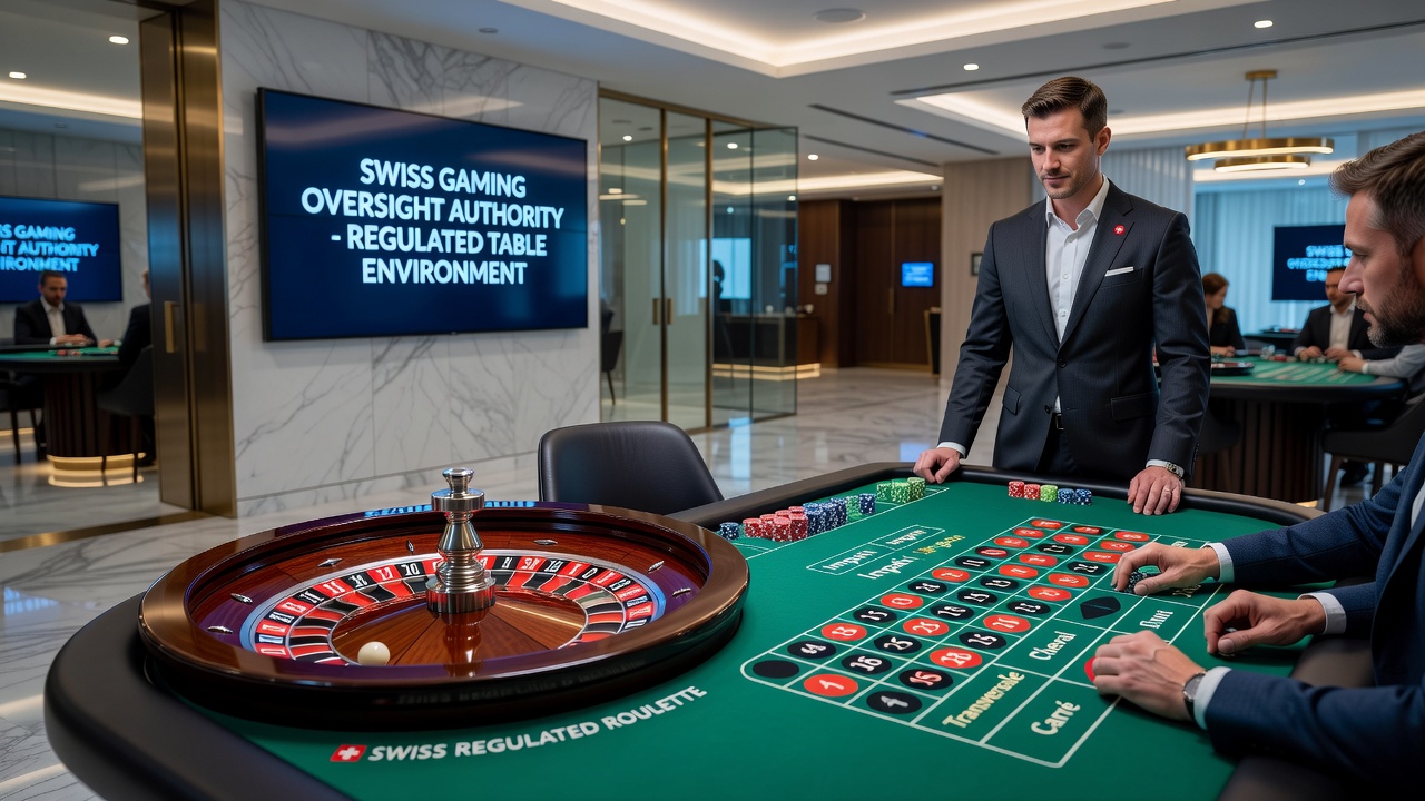 Close-up view of a Swiss-regulated roulette wheel and betting layout during active play